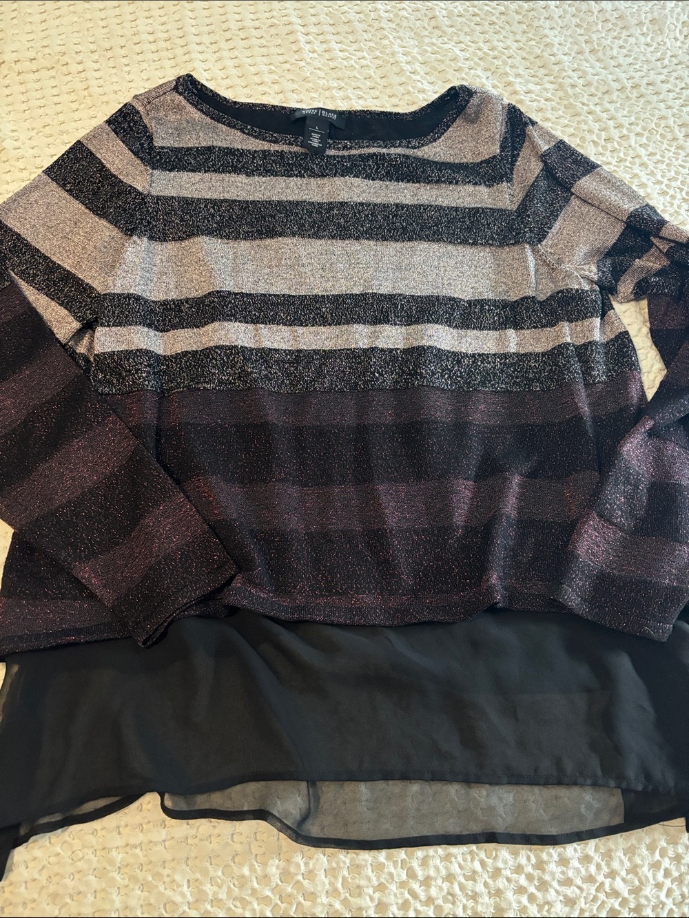 White House Black Market Black Silver Purple Striped Sparkle Sweater L Dressy